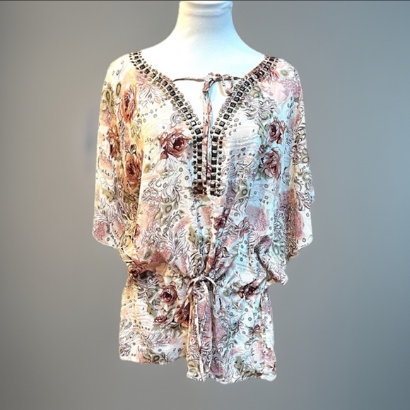 Bohemian CHIC Sheer Layering Studded TUNIC Tie Waist Shirt Top Large - Picture 1 of 7
